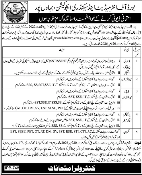 BISE Bahawalpur exam duty application advertisement IPB-748 Jang Multan 30 October 2026