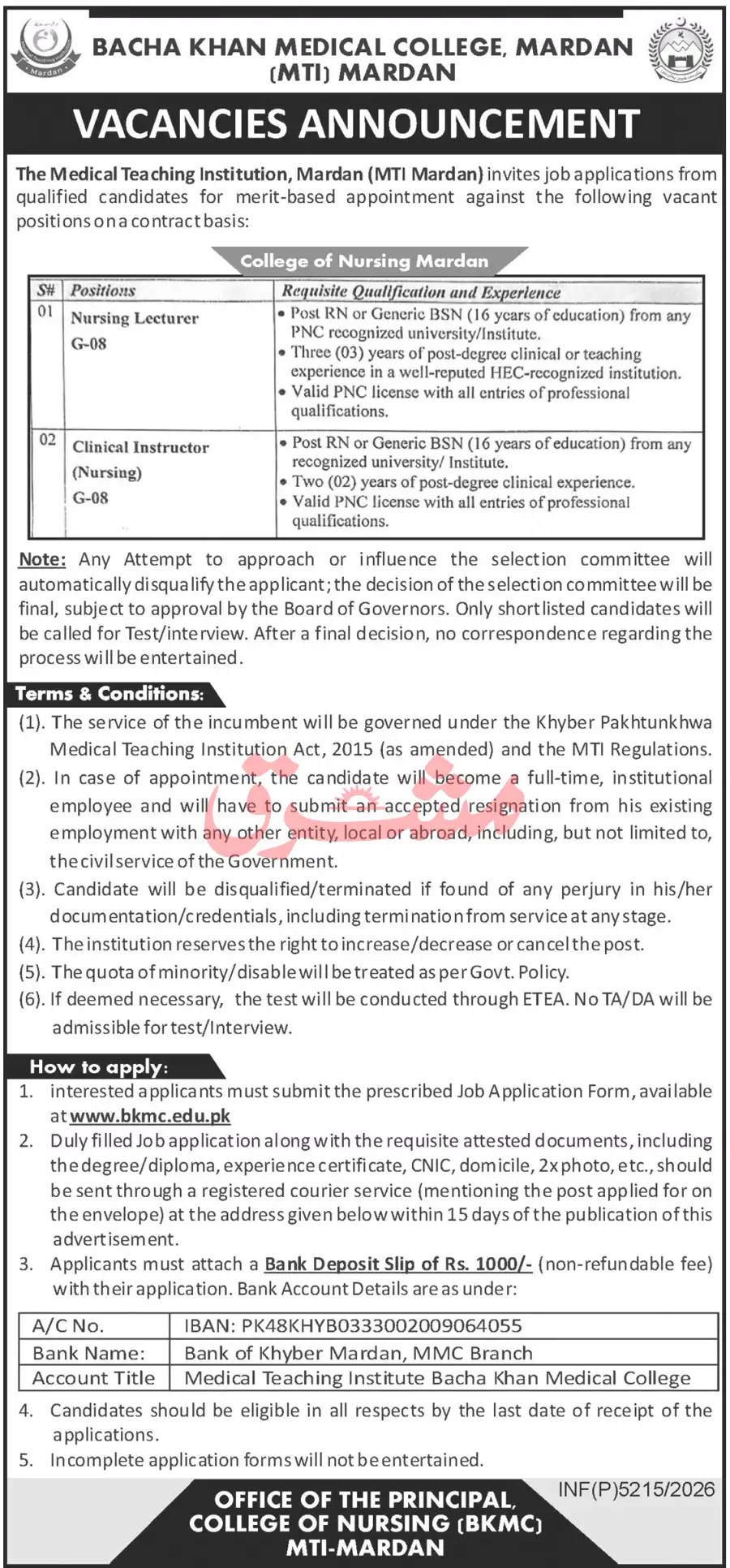 Bacha Khan Medical College MTI Mardan College of Nursing vacancies advertisement, Daily Mashriq 18 October 2026
