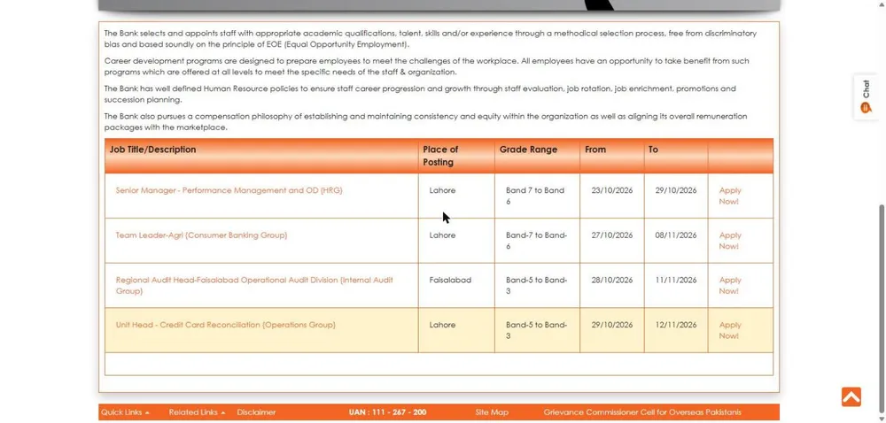 Bank of Punjab official Available Jobs page showing Unit Head Credit Card Reconciliation Operations Group Lahore Band-5 to Band-3 29-10-2026 to 12-11-2026