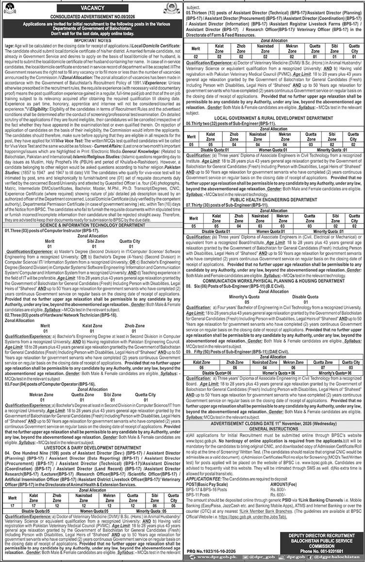 BPSC Balochistan consolidated advertisement 09/2026 jobs 250 posts
