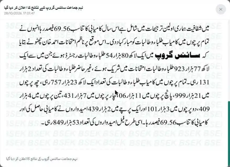 BSEK press release 28 October 2026 Class 9 Science Group result statistics 69.56 percent
