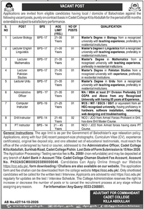 Cadet College Killa Abdullah jobs October 2026 lecturer