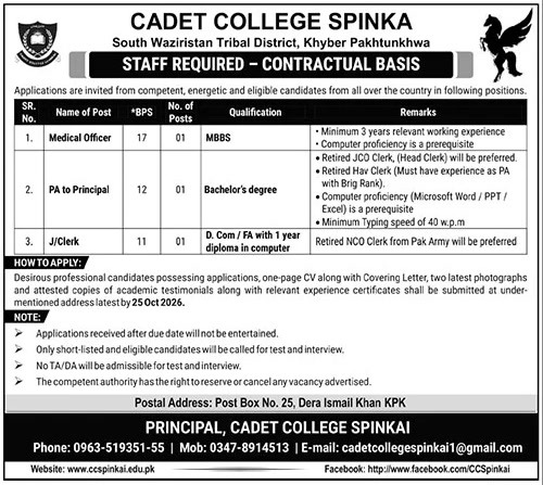 Cadet College Spinkai South Waziristan Medical Officer PA Junior Clerk jobs 2026