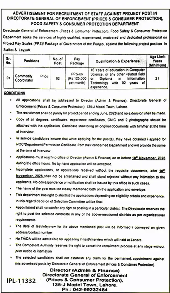 Directorate General of Enforcement Prices Consumer Protection Punjab Commodity Price Coordinator jobs ad Jang Lahore 25 October 2026
