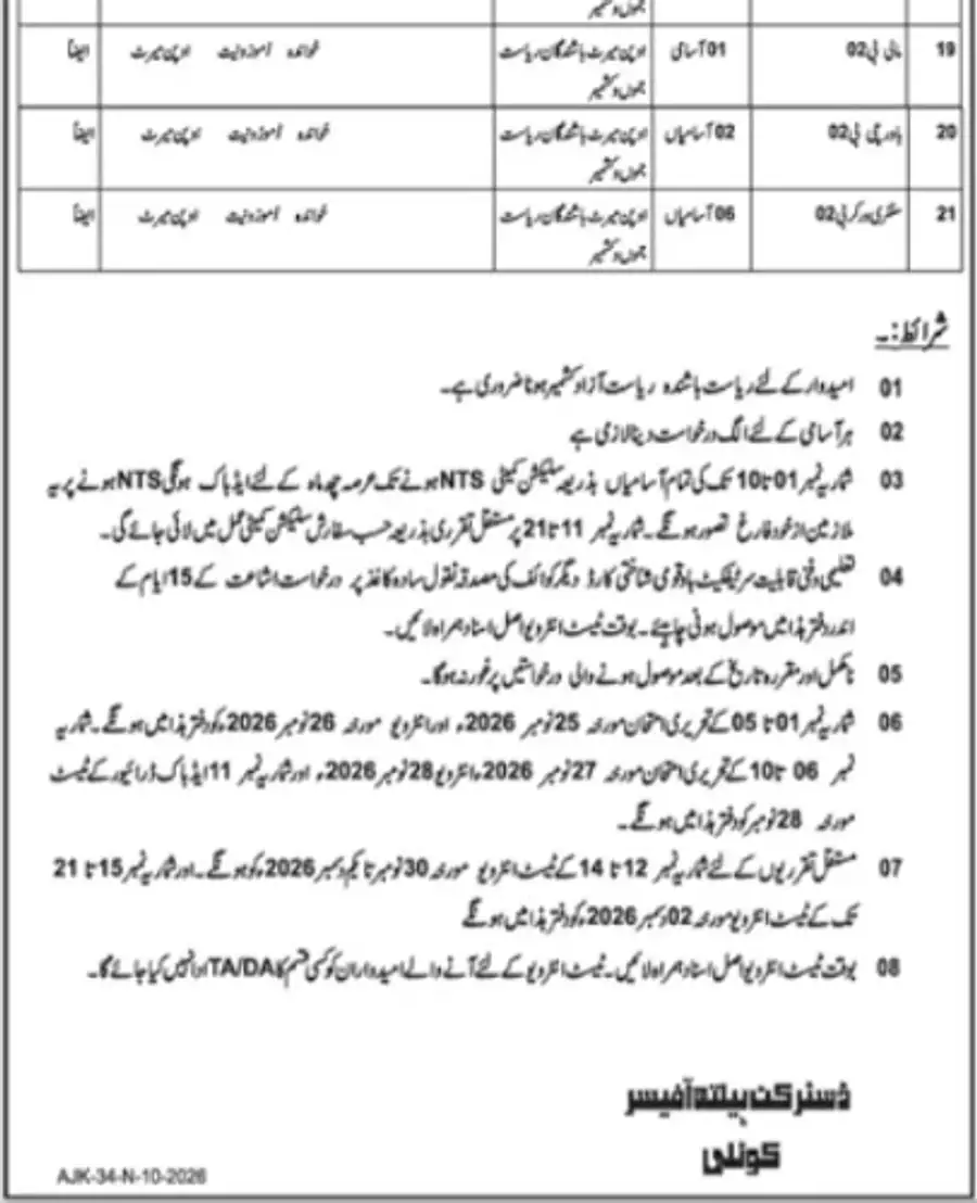 DHO Kotli AJK jobs conditions test interview dates 25 November to 2 December 2026 reference AJK-34-N-10-2026
