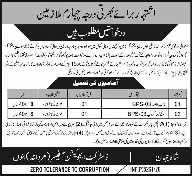 District Education Officer Male Bannu advertisement for Naib Qasid and Khakrob BPS-03, Express Peshawar 20 October 2026
