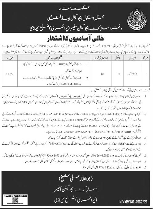DEO Primary Kemari Karachi Junior Clerk jobs 2026