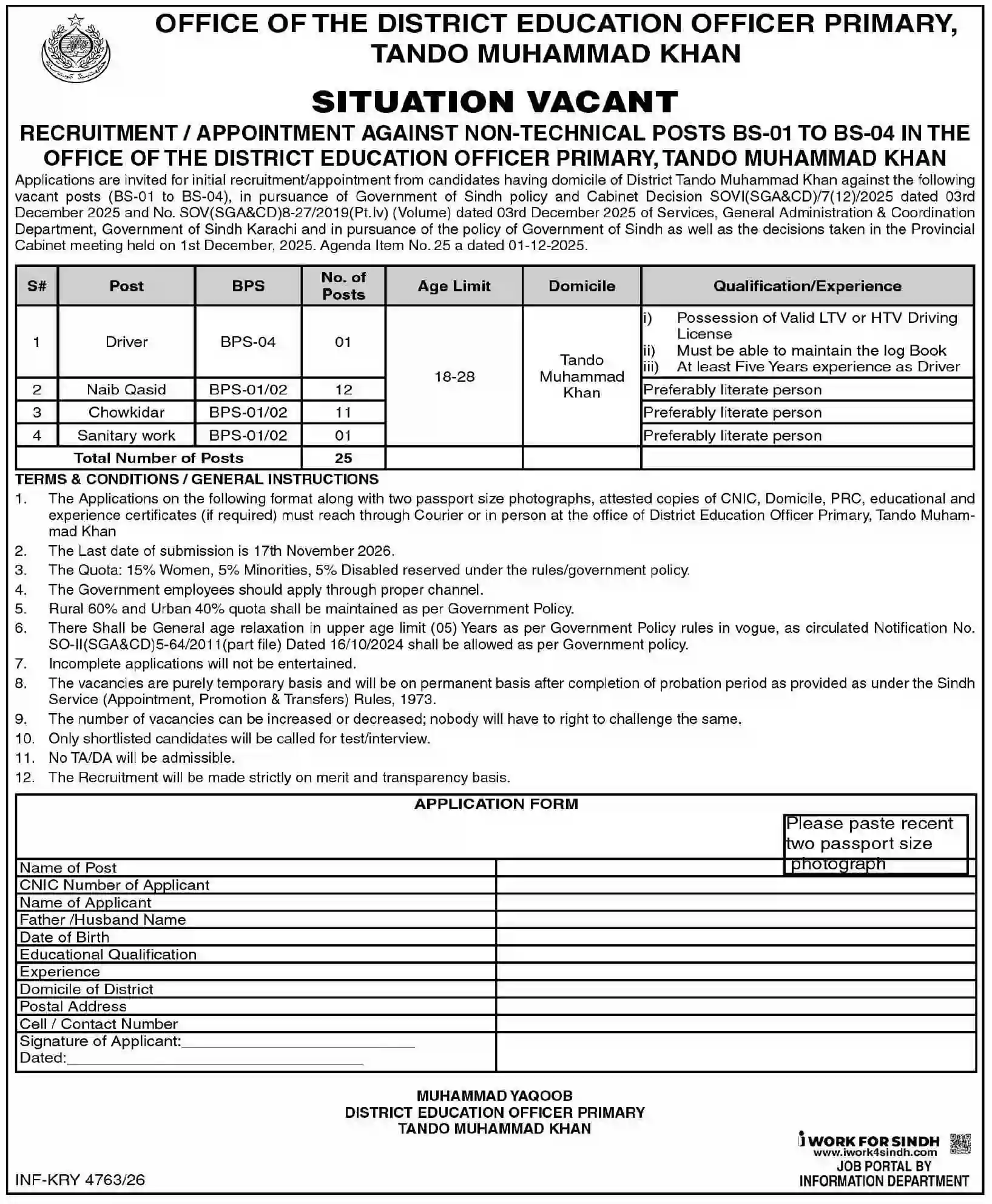 District Education Officer Primary Tando Muhammad Khan 25 posts BPS-01 to BPS-04 jobs ad Dawn 28 October 2026