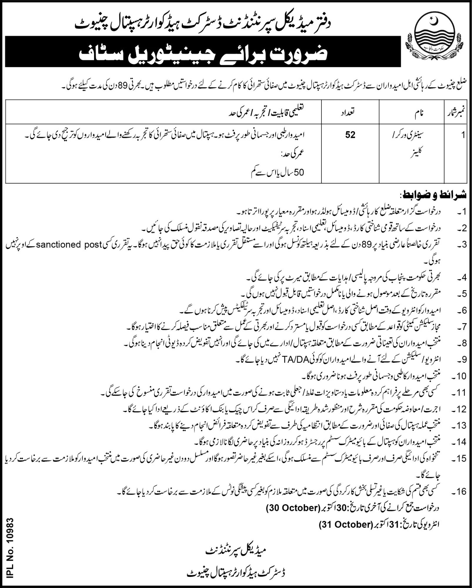 DHQ Hospital Chiniot Chiniot Sanitary Worker Jobs October 2026 – 52 posts