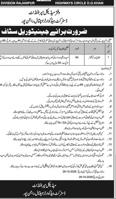 DHQ Hospital Rajanpur Sanitary Worker Jobs 2026 – 64 posts
