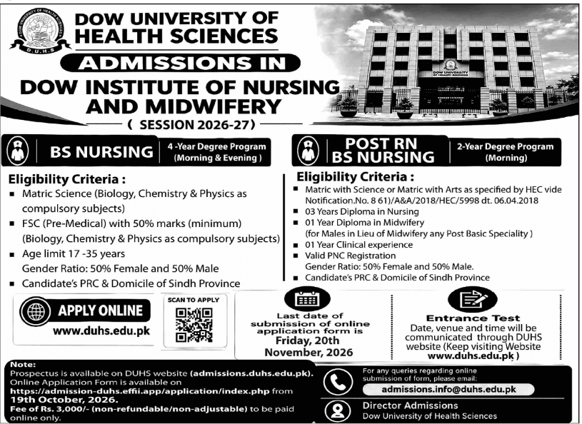 Dow University of Health Sciences admissions in Dow Institute of Nursing and Midwifery session 2026-27 newspaper advertisement, Dawn 18 October 2026