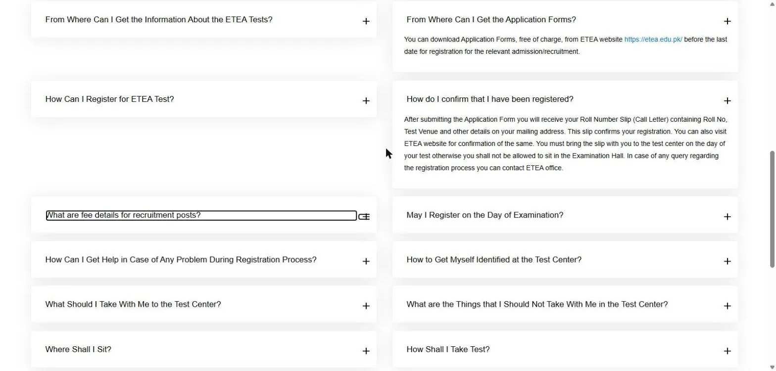 ETEA FAQ page answers about application forms and registration confirmation 24 October 2026