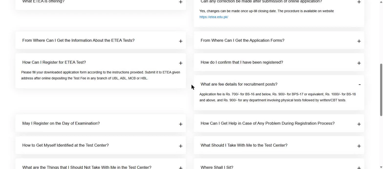 ETEA FAQ page recruitment fee Rs 700 for BS-16 and below and corrections allowed until closing date 24 October 2026