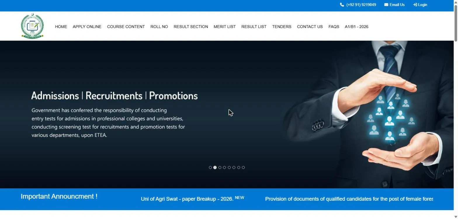 ETEA Educational Testing and Evaluation Agency official website home page 24 October 2026