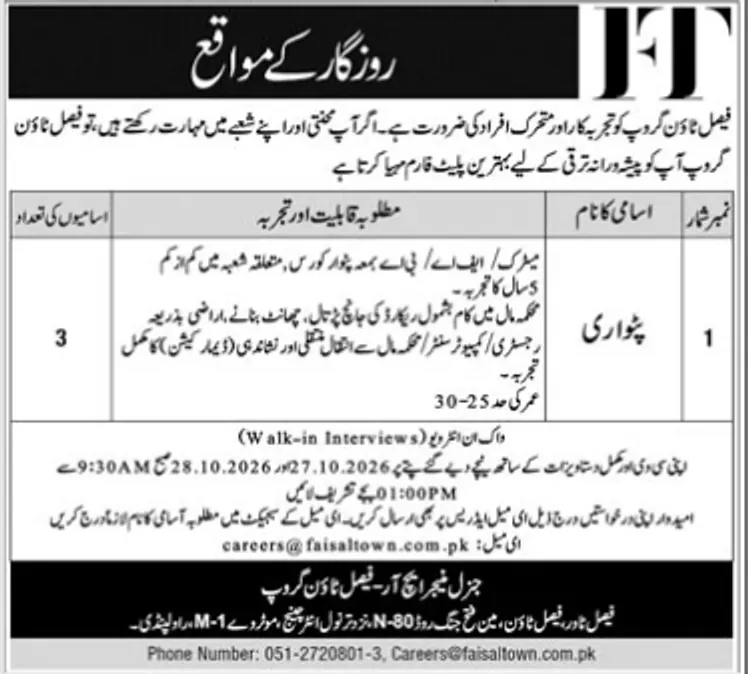 Faisal Town Group Patwari jobs advertisement, Jang Rawalpindi 21 October 2026