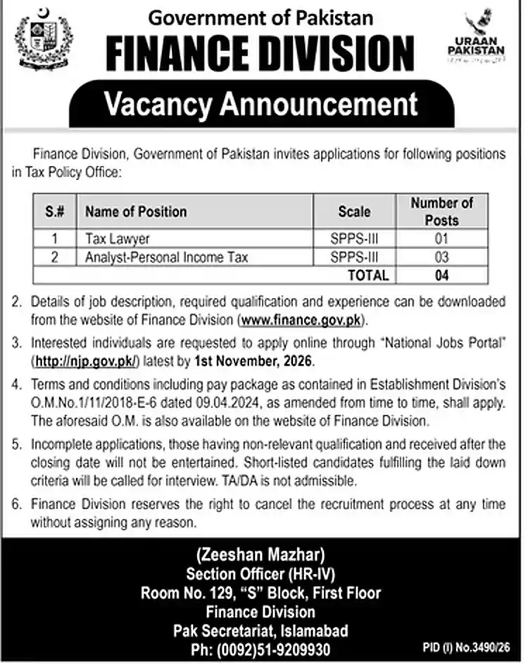 Government of Pakistan Finance Division vacancy announcement, Tax Policy Office: Tax Lawyer and Analyst Personal Income Tax SPPS-III, Daily Jang 18 October 2026