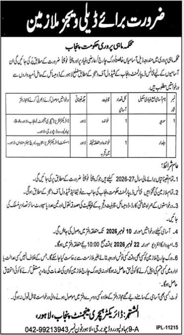 Fisheries Department Punjab daily wages Sweeper and Beldar jobs advertisement October 2026
