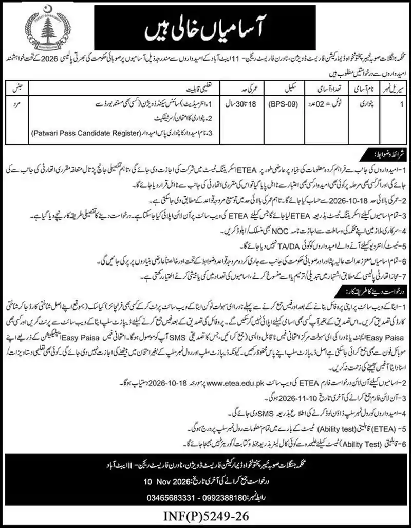 Forest Department Khyber Pakhtunkhwa Abbottabad Patwari vacancies advertisement, Express Peshawar 20 October 2026
