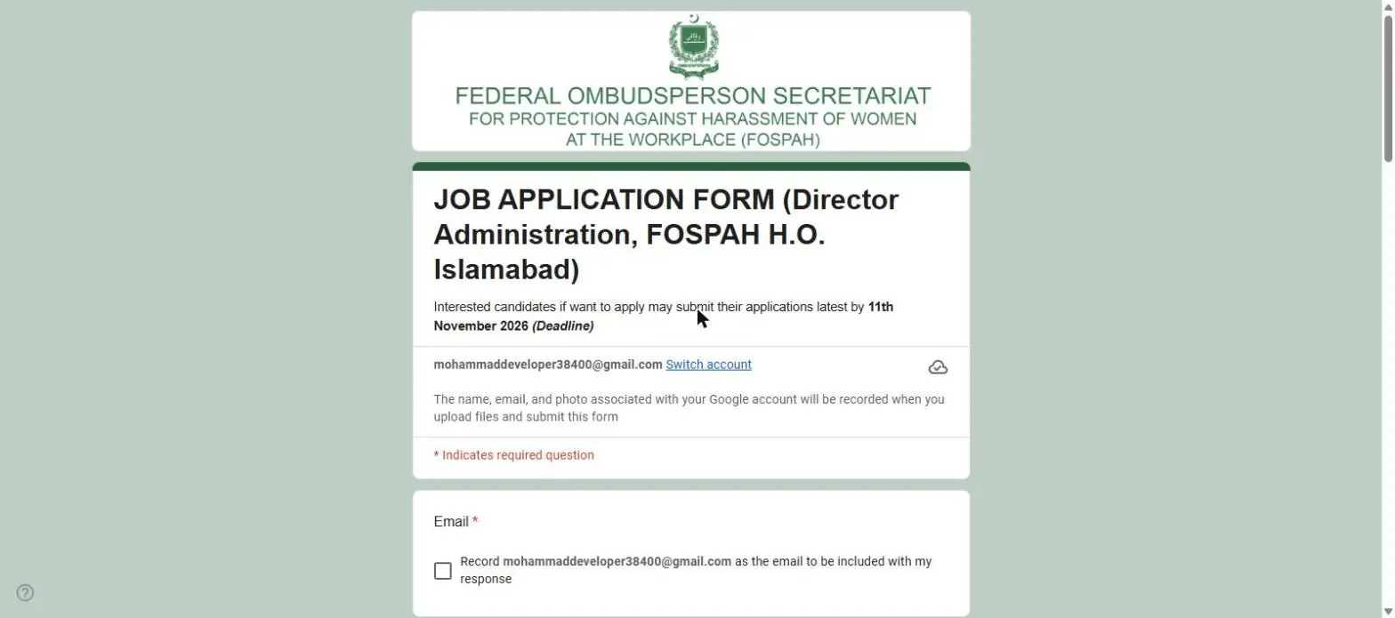 FOSPAH Director Administration Google job application form with 11 November 2026 deadline
