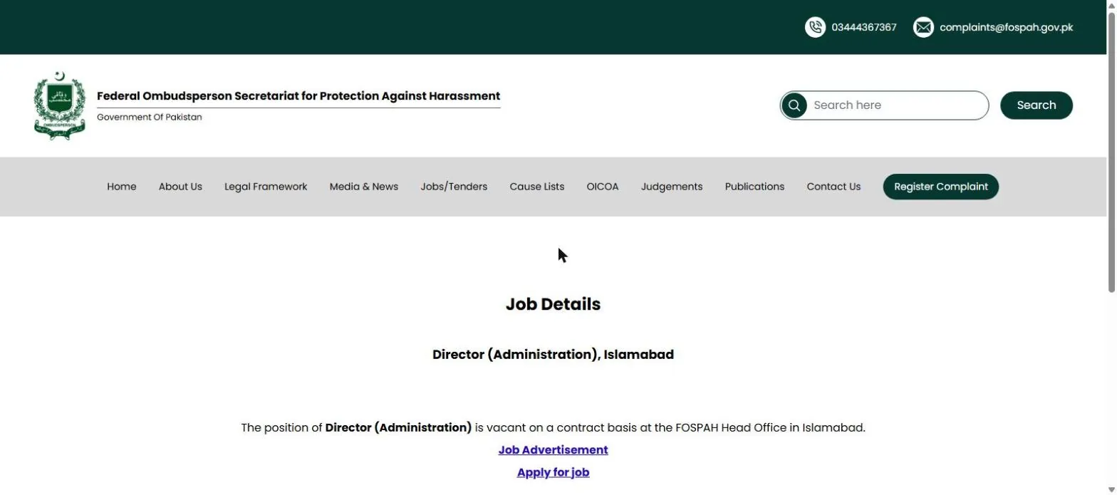 FOSPAH job detail page for Director Administration with Job Advertisement and Apply for job links