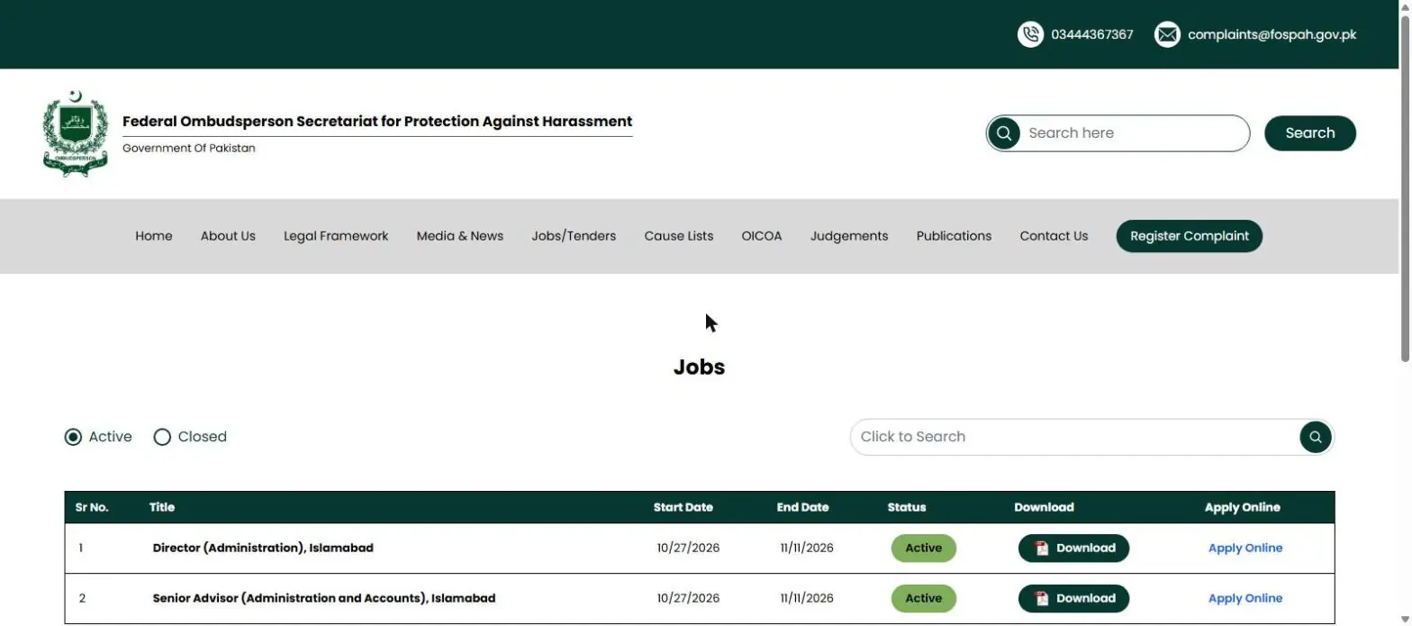 FOSPAH Jobs page showing active vacancies Director Administration and Senior Advisor with end date 11 November 2026