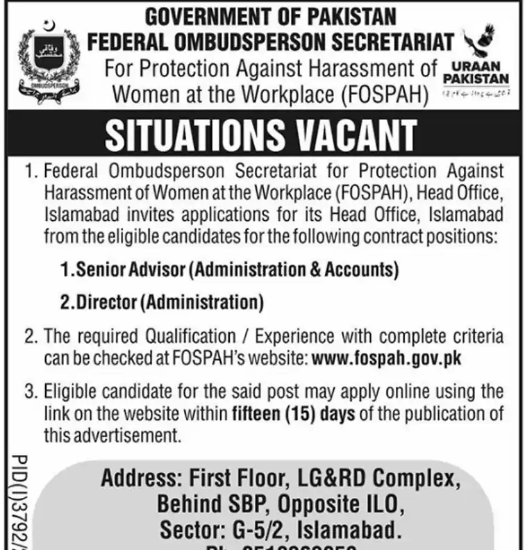 FOSPAH Situations Vacant advertisement for Senior Advisor and Director Administration Islamabad, Nawa-i-Waqt 27 October 2026