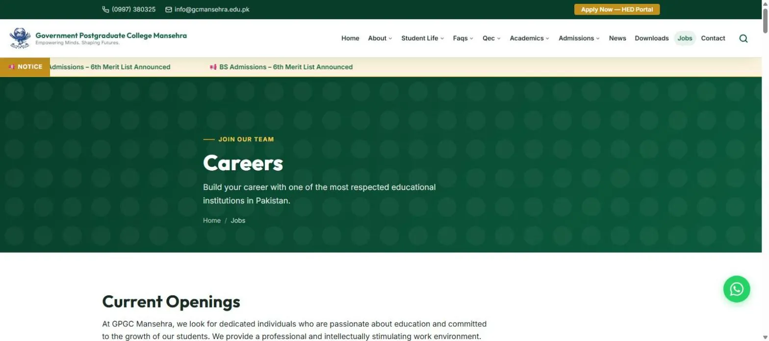 Government Postgraduate College Mansehra official website careers page 24 October 2026