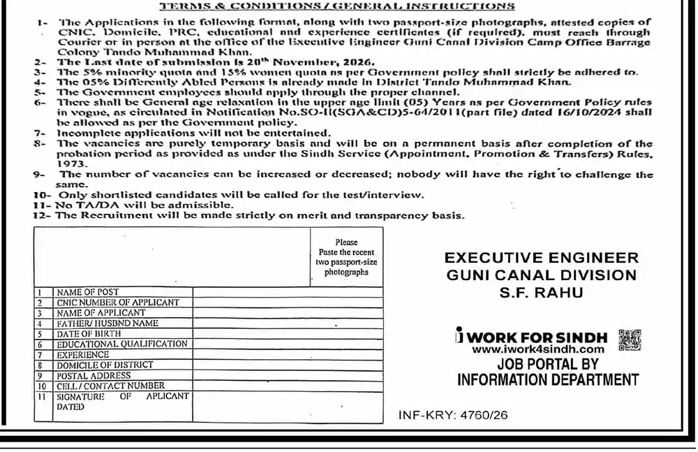 Guni Canal Division S.F. Rahu application format terms and conditions Dawn 28 October 2026