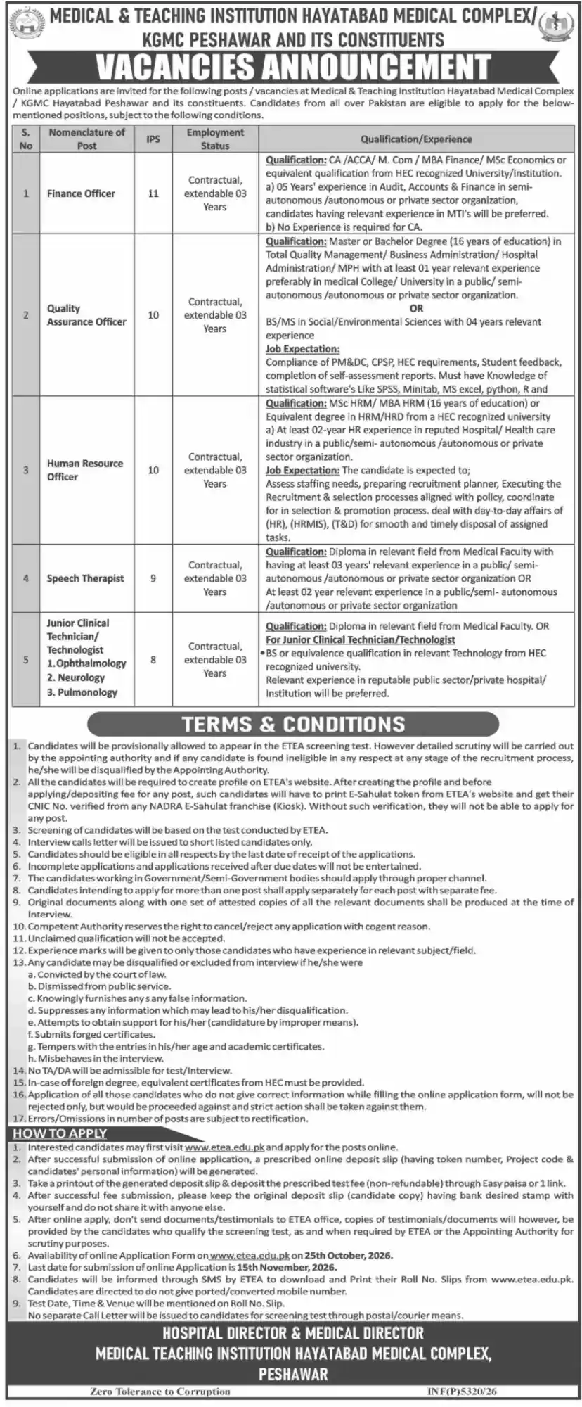 MTI Hayatabad Medical Complex KGMC Peshawar 48 vacancies Finance Officer Quality Assurance HR Speech Therapist job advertisement Dawn 24 October 2026