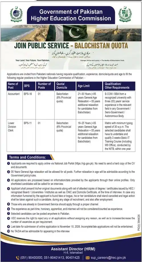 HEC Accountant BPS-16 and Lower Division Clerk BPS-11 Balochistan quota jobs advertisement October 2026