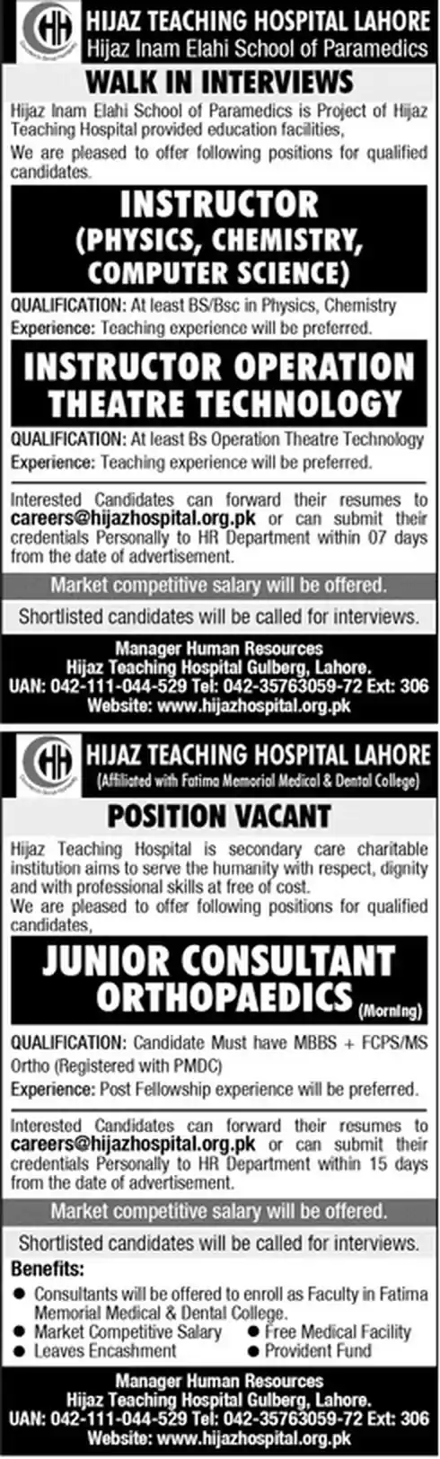 Hijaz Teaching Hospital Lahore advertisement: walk-in interviews for Instructors Physics, Chemistry, Computer Science, Operation Theatre Technology and Junior Consultant Orthopaedics, Daily Jang 18 October 2026