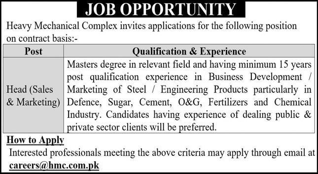HMC Head Sales and Marketing job 2026