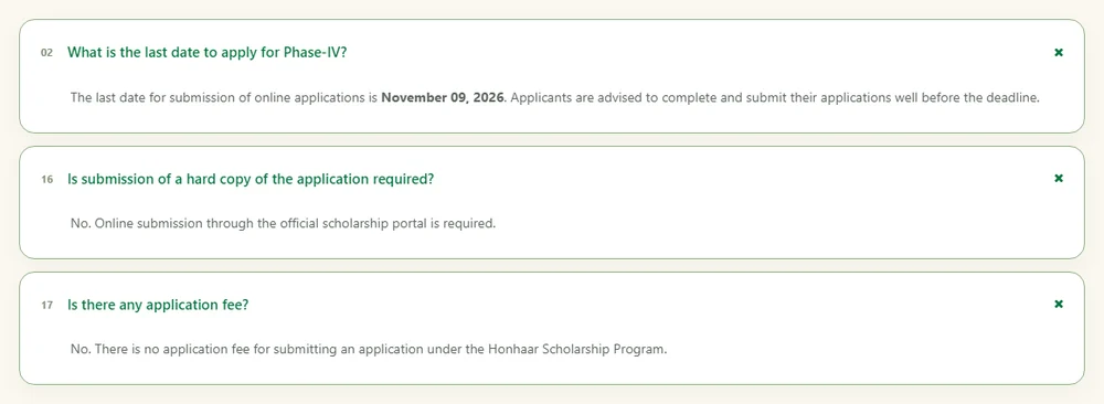 Honhaar Scholarship official FAQ: last date 9 November 2026, no hard copy, no application fee