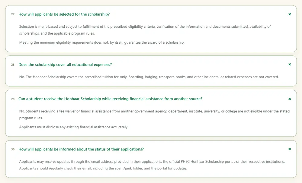 Honhaar Scholarship official FAQ: selection on merit, tuition fee only, status updates