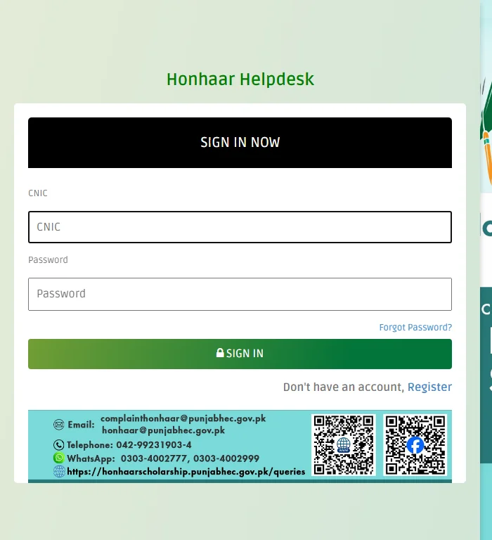 Honhaar Scholarship help desk page with phone, WhatsApp and email