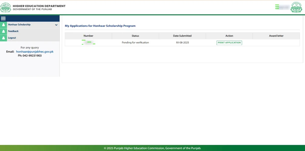 Honhaar Scholarship My Applications status pending for verification print application (official guide)