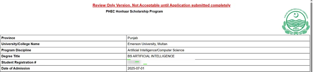 Honhaar Scholarship review only version not submitted yet (official guide)