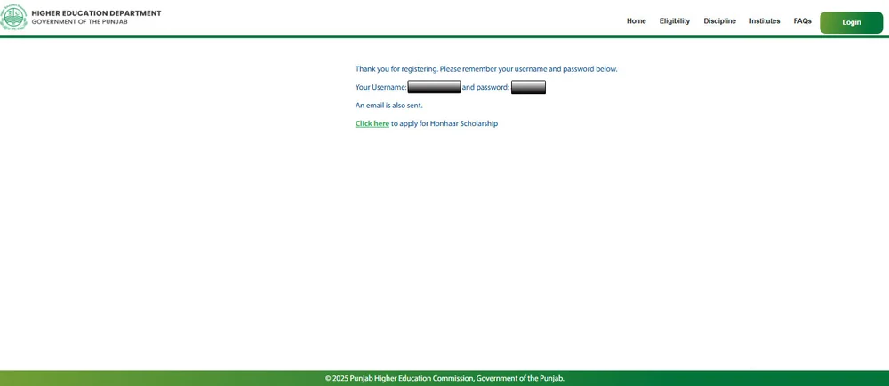 Honhaar Scholarship registration confirmation message with username and password (official guide)