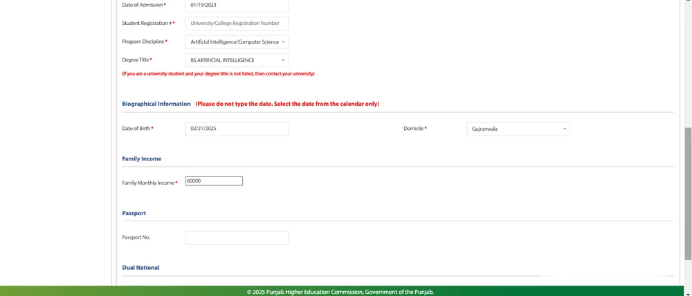 Honhaar Scholarship form fields: admission date, discipline, degree title, date of birth, family income (official guide)