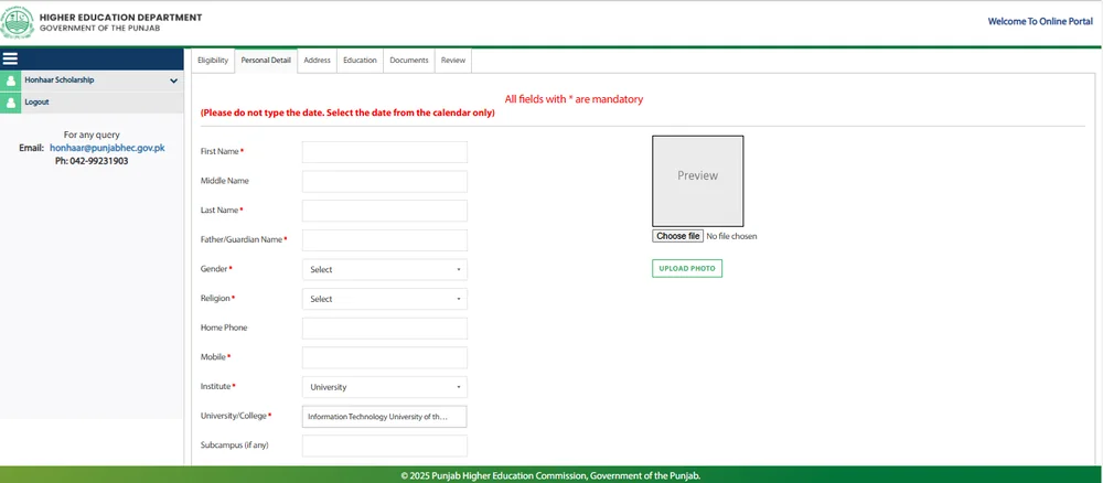 Honhaar Scholarship Personal Detail tab with photo upload (official guide)