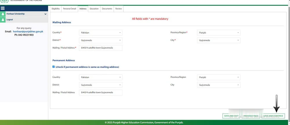 Honhaar Scholarship Address tab mailing and permanent address (official guide)