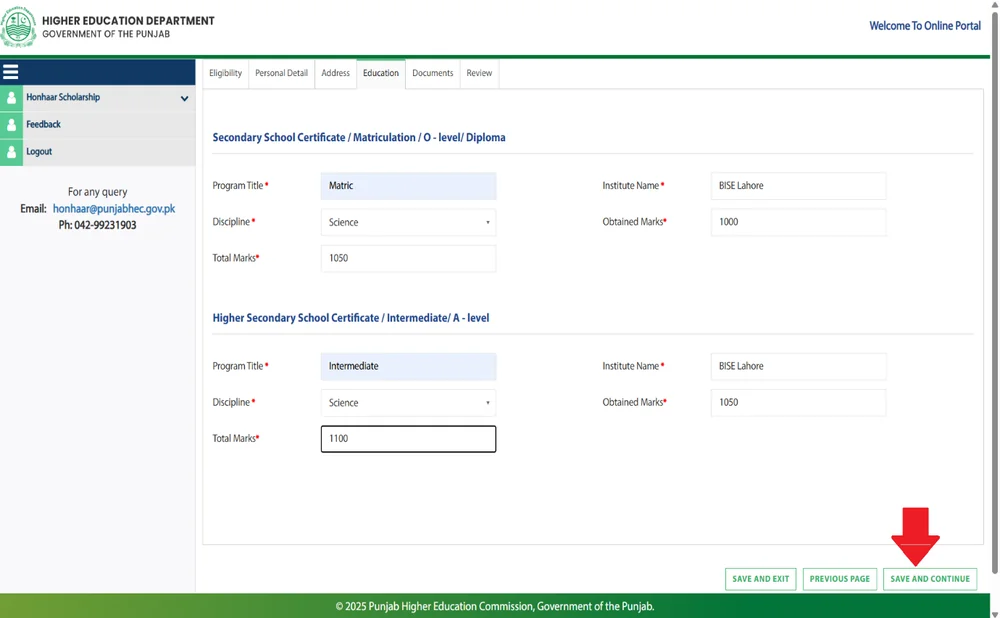 Honhaar Scholarship Education tab Matric and Intermediate details (official guide)