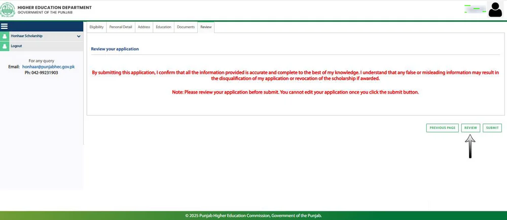 Honhaar Scholarship Review tab (official guide)