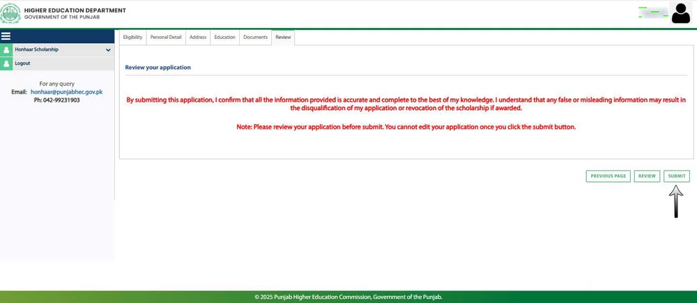 Honhaar Scholarship Submit button (official guide)