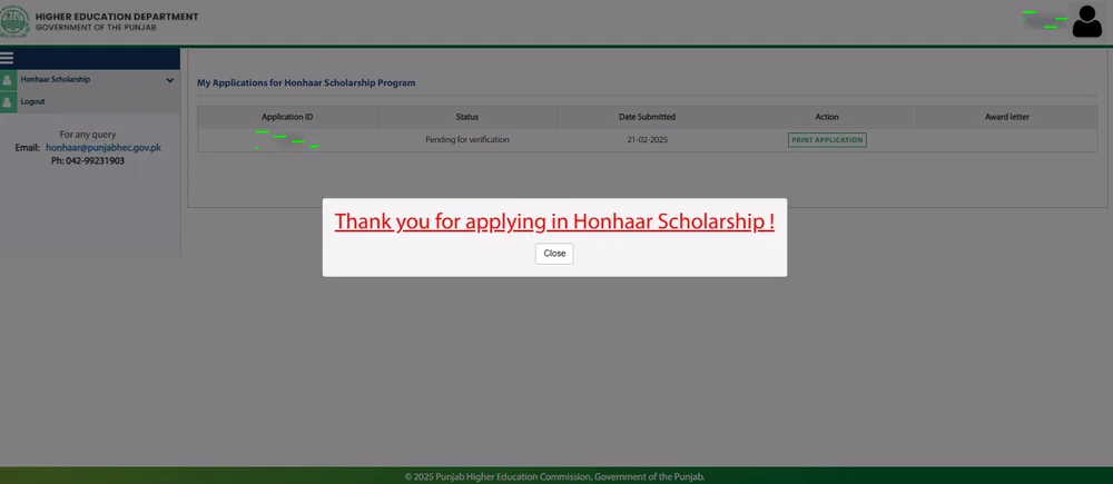 Honhaar Scholarship Thank you for applying message (official guide)