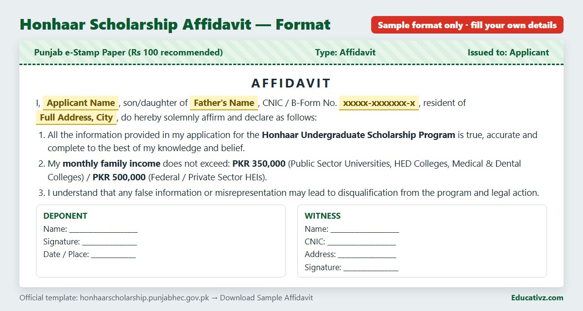 Honhaar Scholarship affidavit format on Punjab e-stamp paper