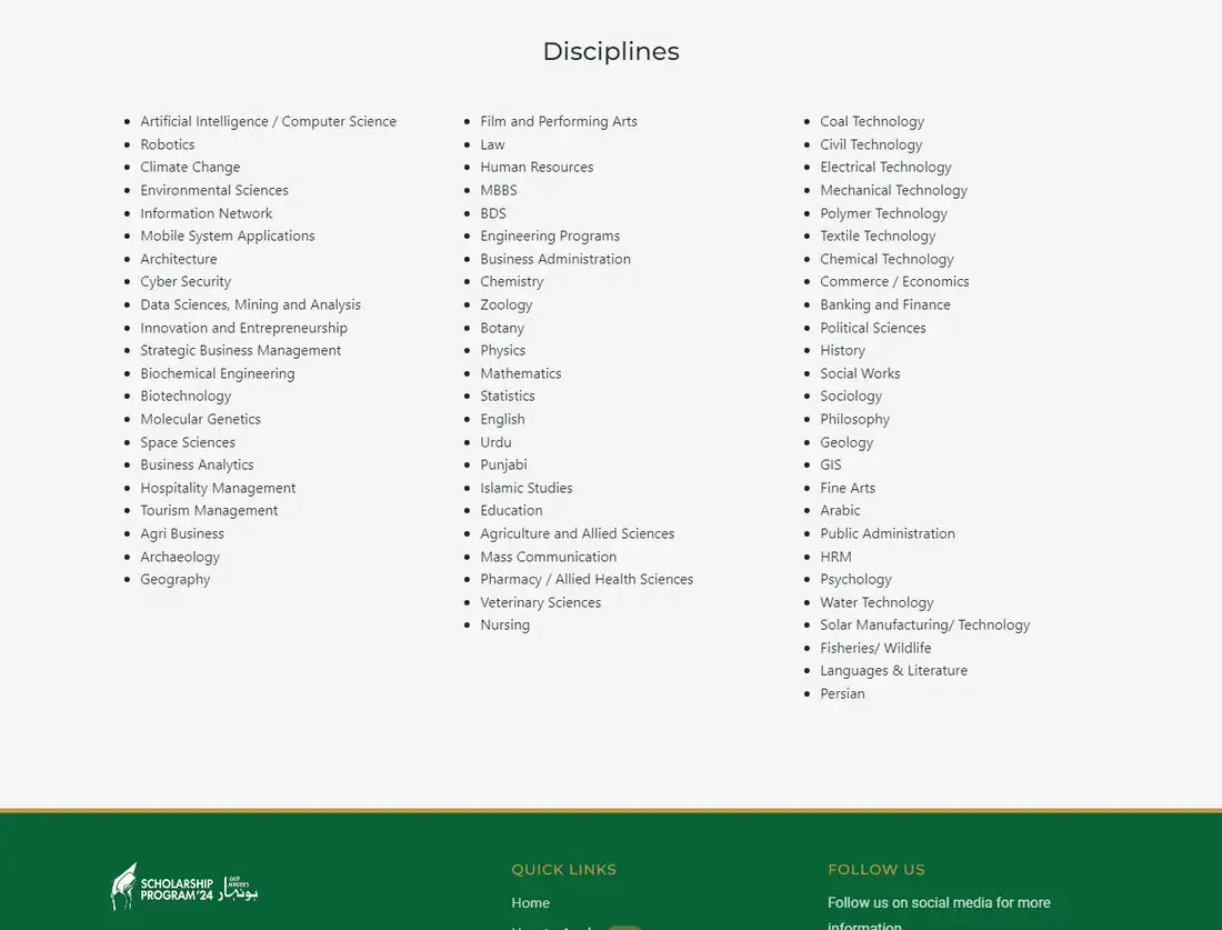 Honhaar Scholarship selected disciplines page, 25 October 2026