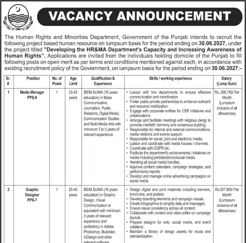 HR&MA Punjab vacancy announcement Media Manager PPS-8 Graphic Designer Video Editor PPS-7 lumpsum 30 June 2027 IPL 11443