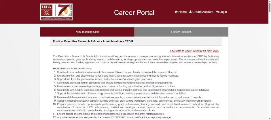 IBA Karachi career portal showing non-teaching staff positions