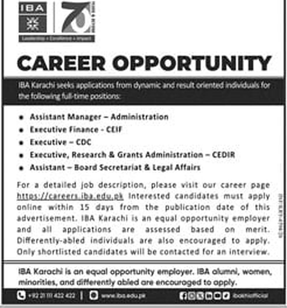 IBA Karachi Career Opportunity advertisement, Daily Jang Karachi 18 October 2026: Assistant Manager Administration, Executive Finance CEIF, Executive CDC, Executive Research and Grants Administration CEDIR, Assistant Board Secretariat and Legal Affairs